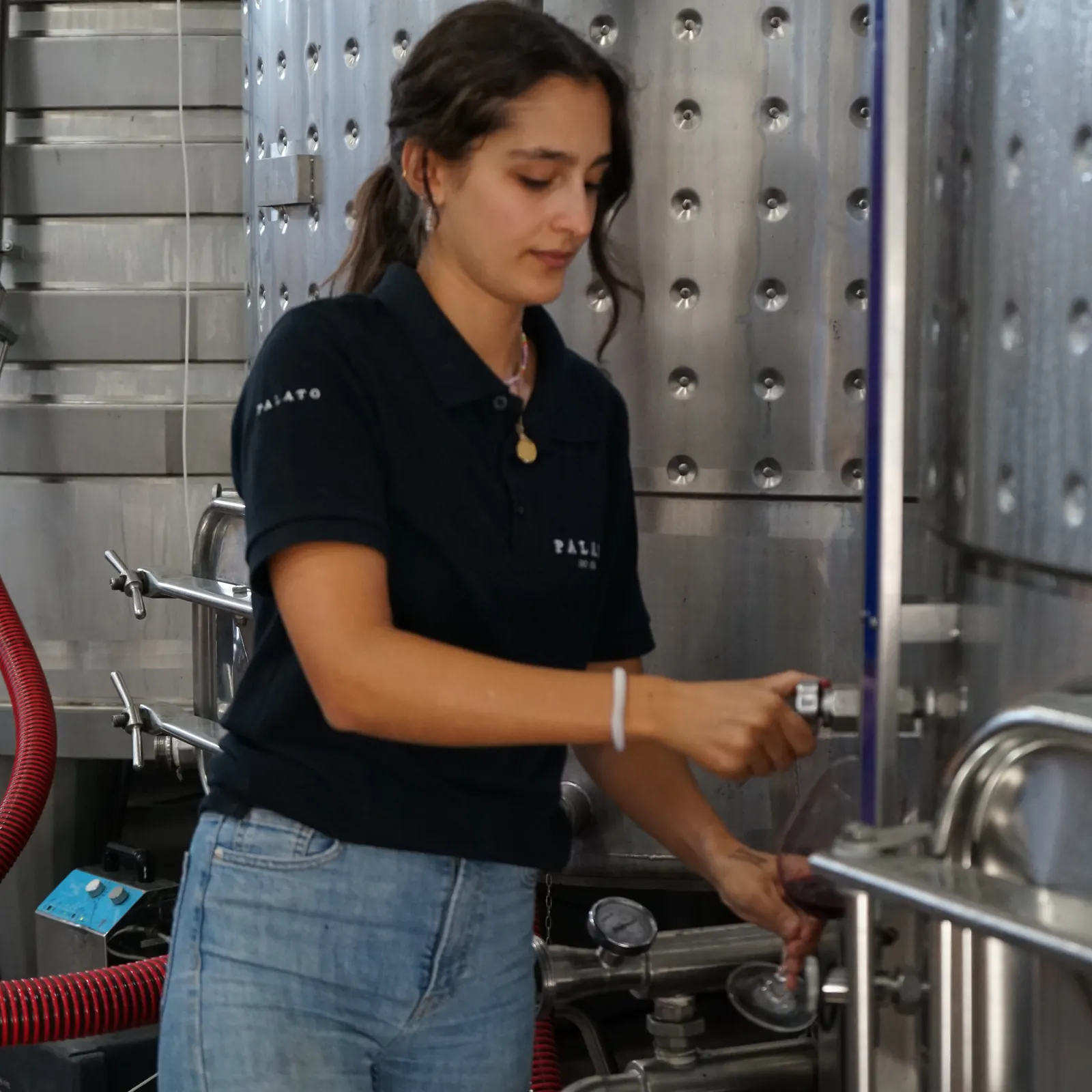 Uma pessoa da equipe tira vinho da cuba para uma taça, na adega
